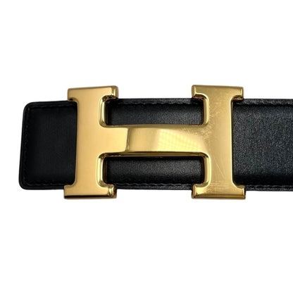 Hermes Belt Constance Leather Logo Black Gold Brown